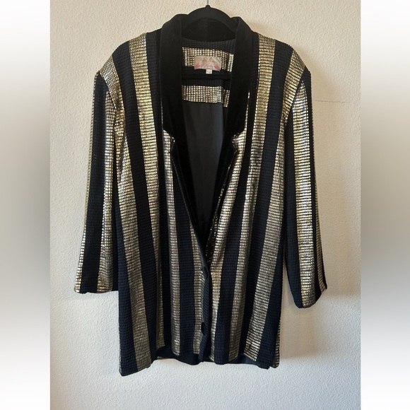 Vintage Brigitte Fashions London Black Gold Jacket Chainmail Velvet L XL - Picture 4 of 15